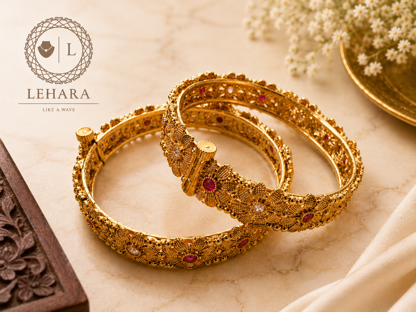 Floral Bloom Bangle - Brass Based (Set Of 2)