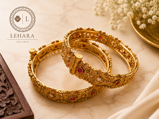Floral Bloom Bangle - Brass Based (Set Of 2)